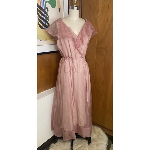 Reformation Cannes Dress Size L pink Wrap ruffle chiffon sheer rayon viscose - Picture 7 of 9